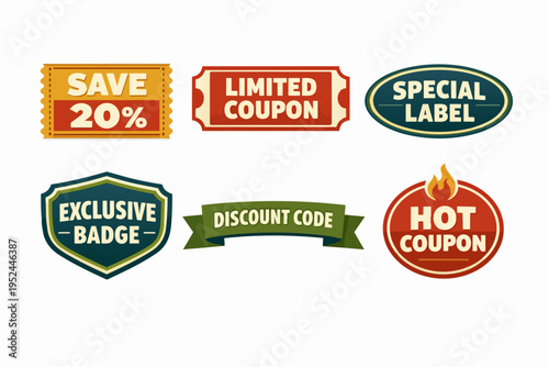 Collection of discount coupons, sale badges, and limited offer marketing labels