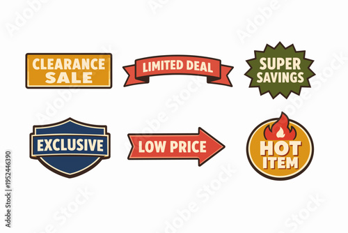 Marketing banners advertising clearance sale, super savings, limited deal, and hot exclusive items