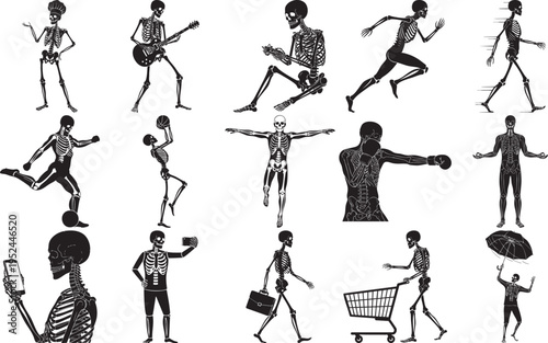 A collection of black and white silhouette illustrations featuring various human skeleton poses engaged in diverse daily activities and sports