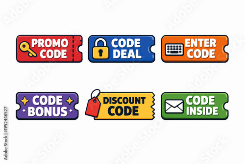 Promo discount code buttons and coupon labels for marketing offers and deals