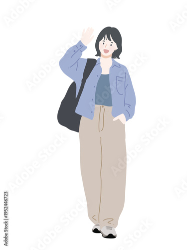 フラットイラスト　手を振っている若い女性　淡色