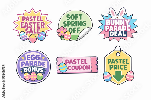 Pastel easter sale, spring discount, bunny deal, egg coupon badges set