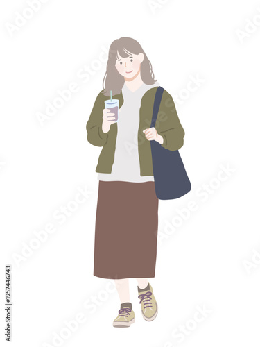 フラットイラスト　ドリンクを持っている若い女性　淡色