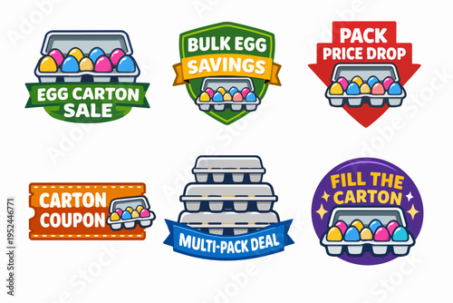 Bulk egg savings, multi-pack deal, and carton coupon labels for grocery promotions