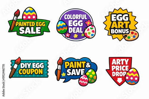 Colorful easter egg sale and coupon labels for holiday art promotions