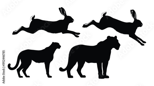 Silhouette illustrations depict leaping hares and stalking cheetahs in a minimalist style