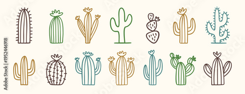 Collection of doodle wild west cactus icons in minimal desert style, hand drawn cacti