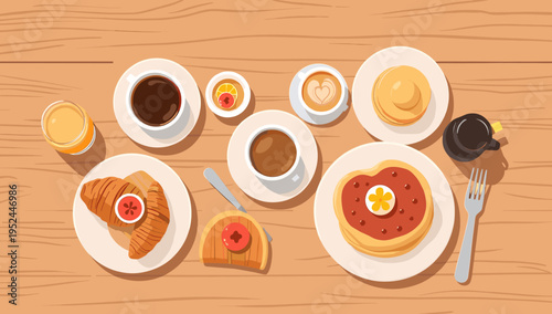 A flat lay image depicting a classic breakfast scene with a croissant, orange juice, and jam. Perfect for illustrating morning routines, cafe menus, o