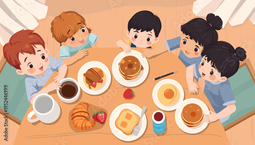 A cheerful illustration of a child enjoying a warm drink. Perfect for depicting childhood joy, family life, or promoting cozy beverage brands. A posit