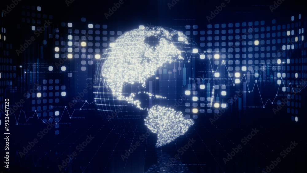 Obraz premium Futuristic global financial data visualization, world map and digital globe with candlestick chart, stock trading analytics, forex market dashboard, fintech infographic, big data interface