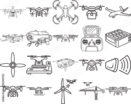 A comprehensive collection of diverse drone and unmanned aerial vehicle line art icons for technology and aviation design projects