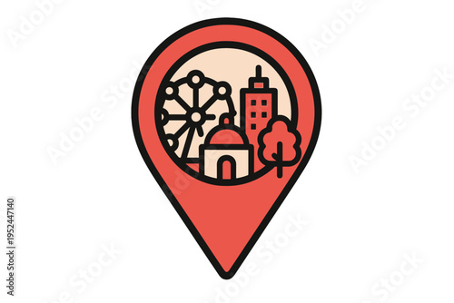 Location marker graphic featuring a city skyline and a ferris wheel against a minimalist design