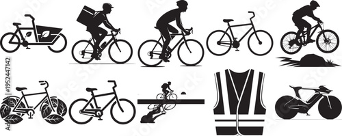Collection of black silhouette icons featuring various bicycles, cyclists, delivery riders, and a high visibility safety vest for transportation