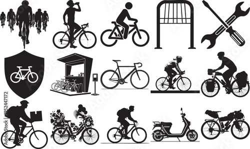 A comprehensive collection of black silhouettes featuring various bicycles, cyclists, storage racks, and maintenance tools for urban transport design