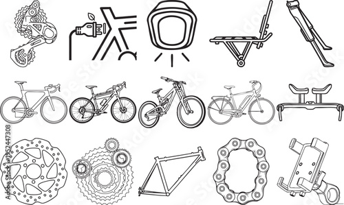 A comprehensive collection of black and white line art icons depicting various bicycle components, accessories, and different types of modern bicycles