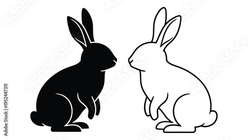 Black and white illustration of two rabbits facing each other in profile