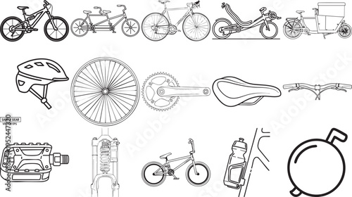 Collection of black and white bicycle icons featuring various bike types, components, and safety equipment in a clean vector line art style