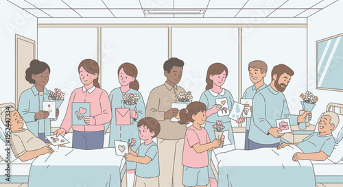 Family Visiting Sick Relatives in Hospital Rooms.