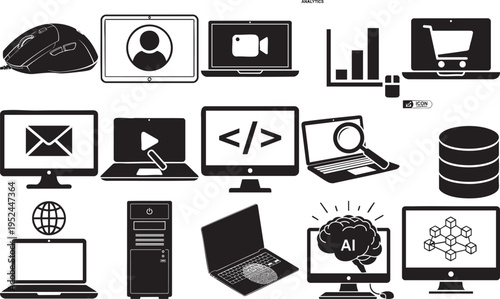 A collection of black and white digital technology and computing icons representing data analytics software development and internet connectivity concepts