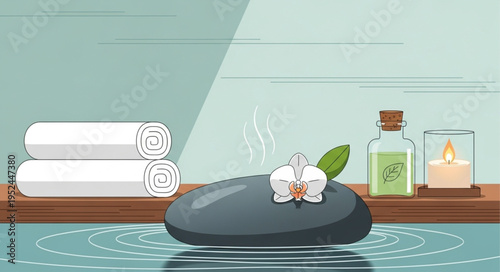 Spa Relaxation Still Life with Towels, Oil, Candle, and Stone.