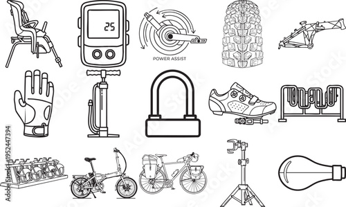 A comprehensive collection of black and white line art illustrations depicting essential bicycle parts, accessories, and maintenance equipment icons