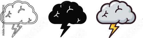 A set of three storm cloud icons with lightning bolts Vector