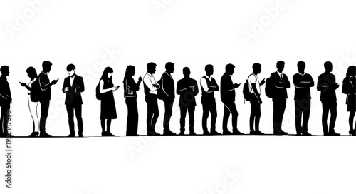 Silhouettes of people standing in line using their phones.