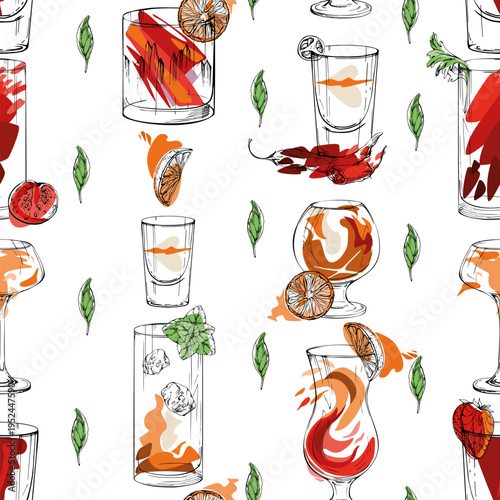Aperol spritz, Negroni, Flatliner shot, Tequila sunrise ink silhouettes with abstract splatter. Seamless hand drawn vector pattern for mixology blog backdrops, digital kits, stationery containers.
