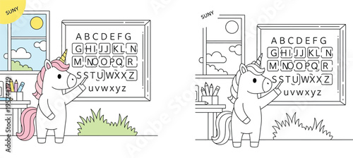 Cute Unicorn Teacher Writing Alphabet on Board Coloring Page and Color Version for Kids, School Classroom Vector Illustration for Educational Activity and Creative Learning
