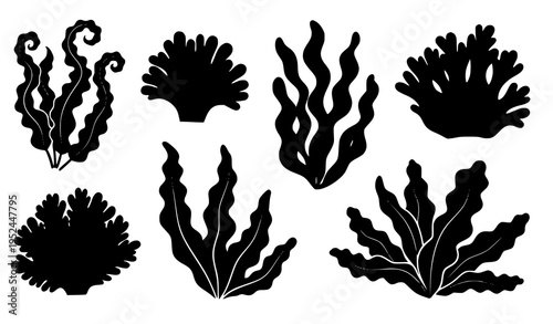 Black seaweed silhouette icon set scattered vector illustration isolated on white