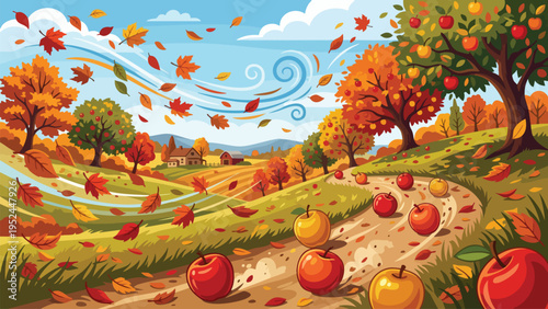 Whimsical Autumn Orchard Path: Wind-Swept Leaves and Fallen Apples on a Scenic Countryside Road with Rolling Hills