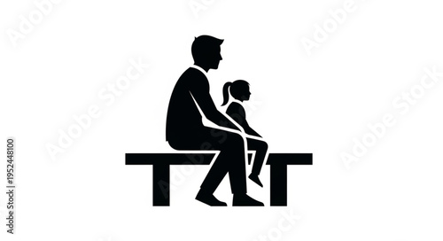 Father and Daughter Sitting on Bench Silhouette Illustration.