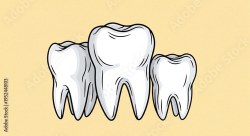 Three White Teeth Illustration on a Yellow Background.