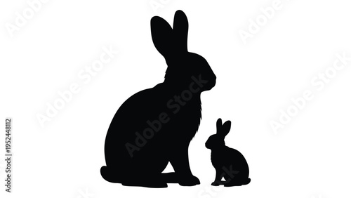 Silhouette of a large rabbit and its small kit shown in black against white