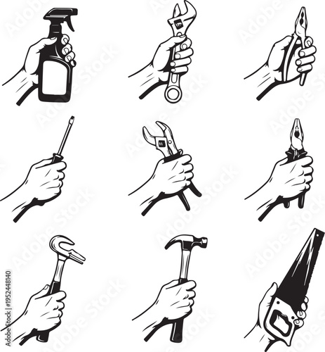 Hands with tools collection - vector silhouette illustration