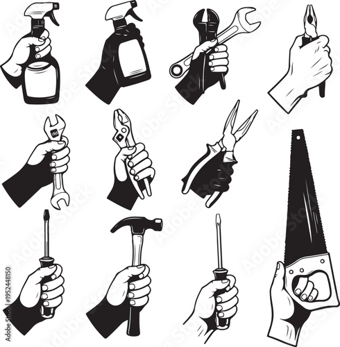 Hands with tools collection - vector silhouette illustration