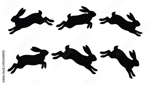 Six silhouettes of rabbits in mid leap showcasing dynamic movement and form