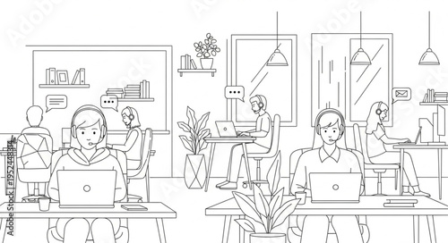 Line art illustration of people working in a modern office space.