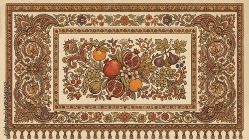 Richly Detailed Traditional Tapestry Design with Abundant Fruit Medley, Ornate Paisley Borders, and Decorative Tassels