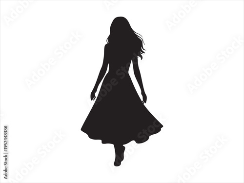 Elegant Woman in Dress Silhouette Fashion Beauty Female Vector Illustration. A silhouette of a woman with flowing hair and a long dress 