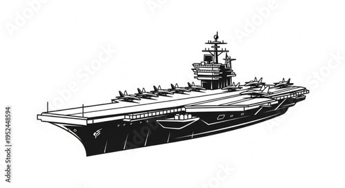 Detailed Illustration of a Modern Aircraft Carrier on the Open Sea.