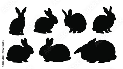 A collection of black silhouettes depicting various rabbit poses and sizes