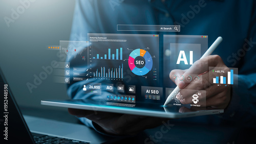 Businessman analyzes data using AI technology to work with tools, AI seo, search, Chat bot, smart robot technology and artificial intelligence concept. AI agent and workflow automation