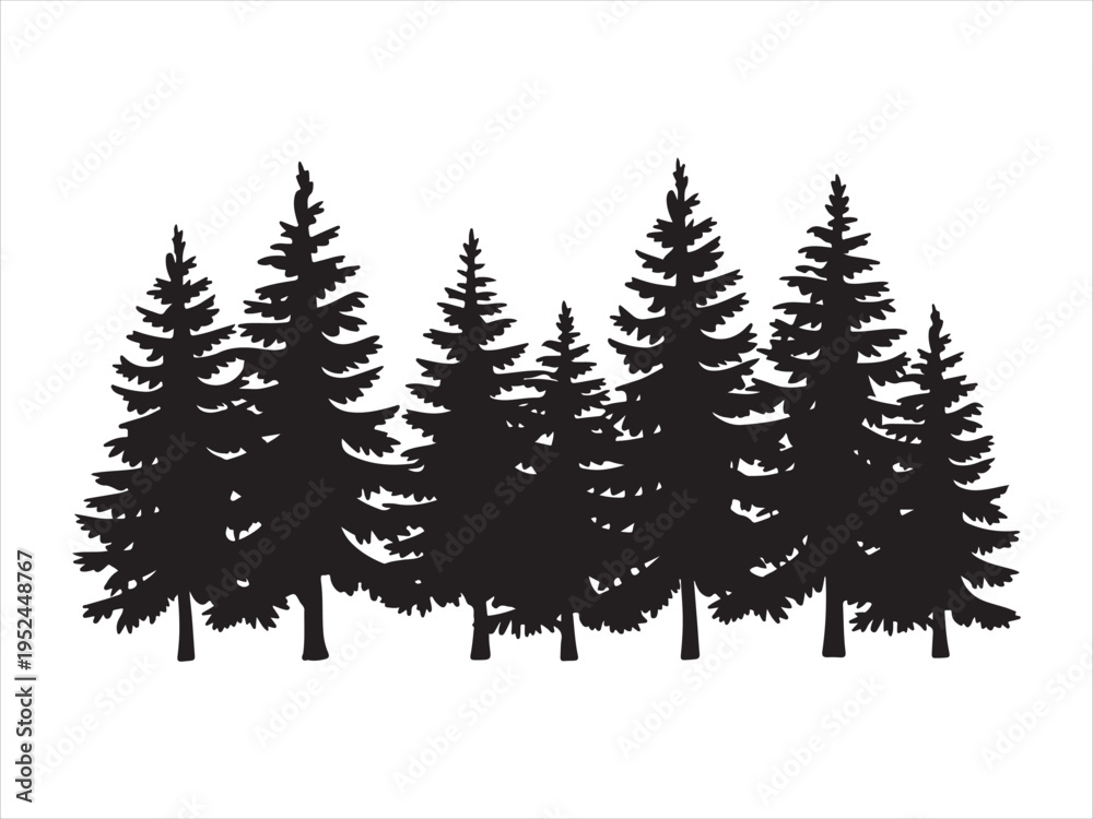 Fototapeta premium Black fir trees silhouettes, Black pine tree landscape silhouette illustration vector