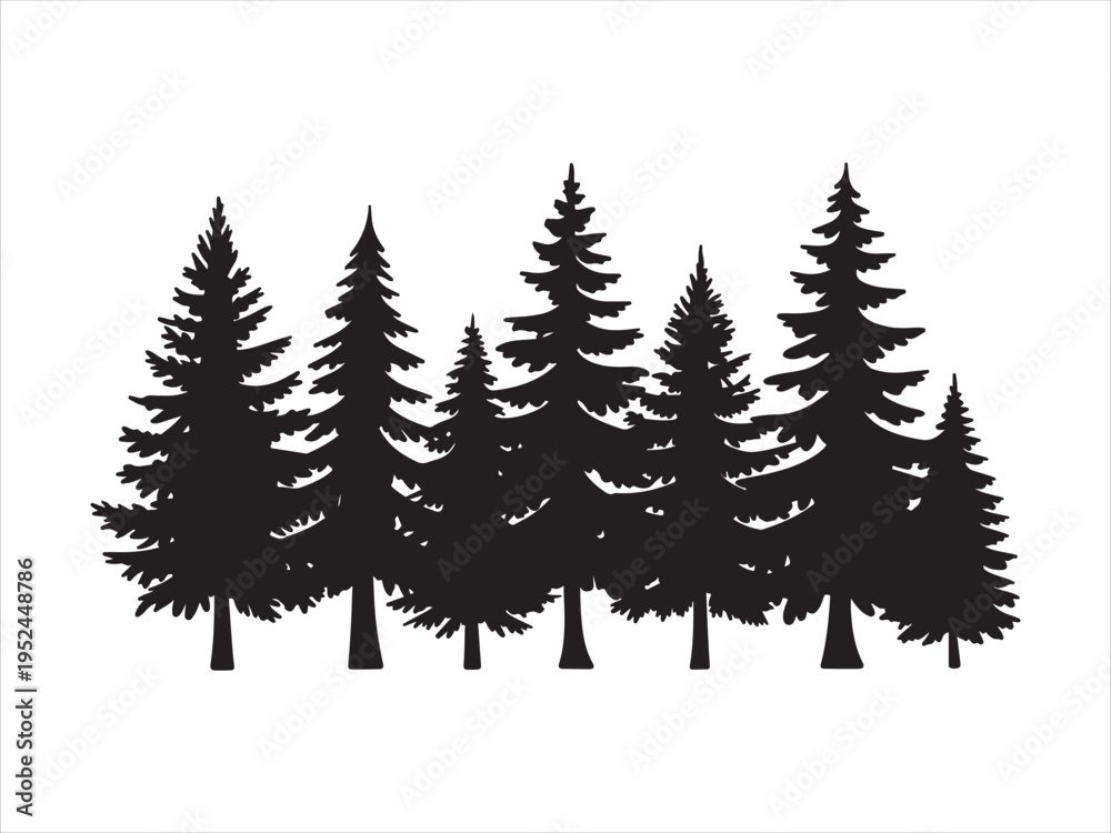 Obraz premium Black fir trees silhouettes, Black pine tree landscape silhouette illustration vector