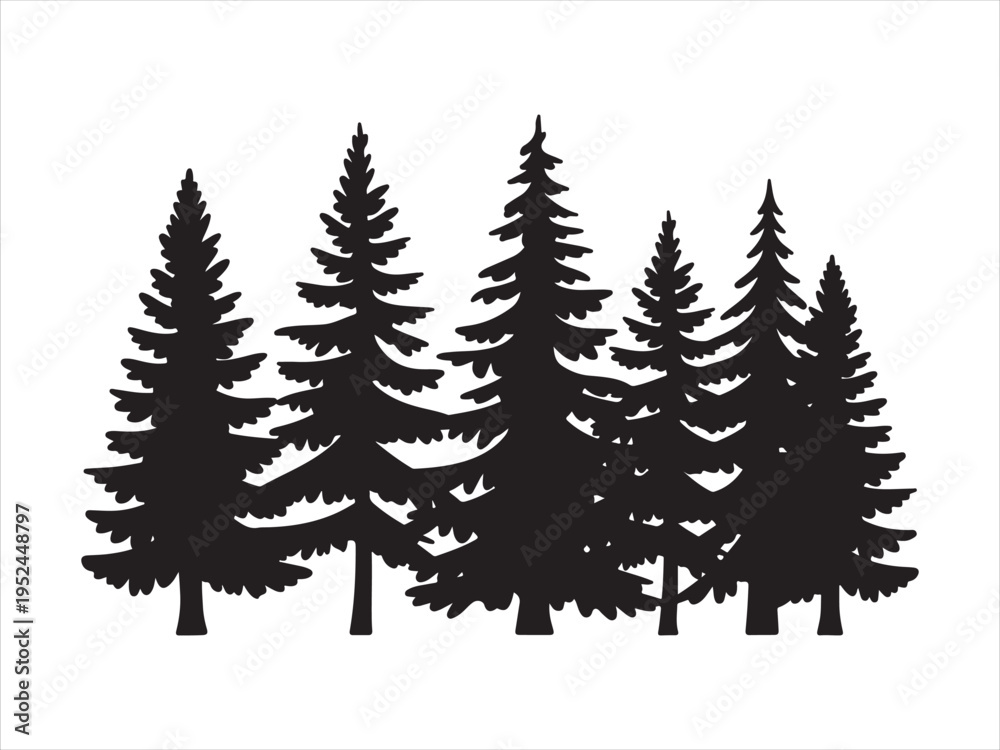 Obraz premium Black fir trees silhouettes, Black pine tree landscape silhouette illustration vector