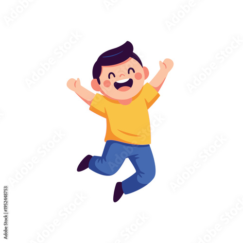Happy Boy Jumping Joyfully, Isolated on White Background, Cartoon Style