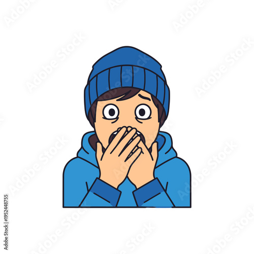 Shocked Person Wearing Blue Beanie and Hoodie, Covering Mouth in Surprise