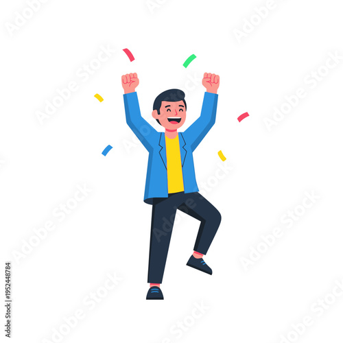 Happy Man Celebrating Victory With Confetti, Success and Joyful Moment