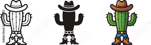 A set of cartoon cacti wearing cowboy hats and boots Vector